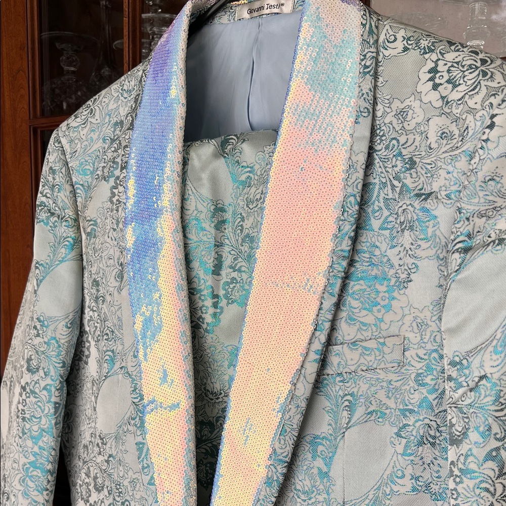 NWOT. Light Blue Brocade Shawl Collar Blazer and Trouser Set with bow tie.Men - Picture 2 of 16